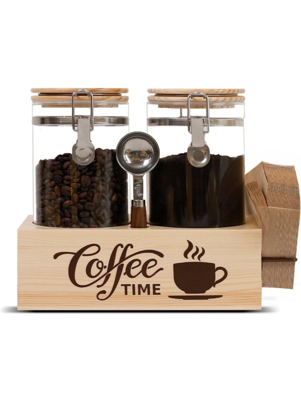 Airtight Glass Coffee Canister Set with Shelf & Spoon - 2 Piece Kitchen Storage